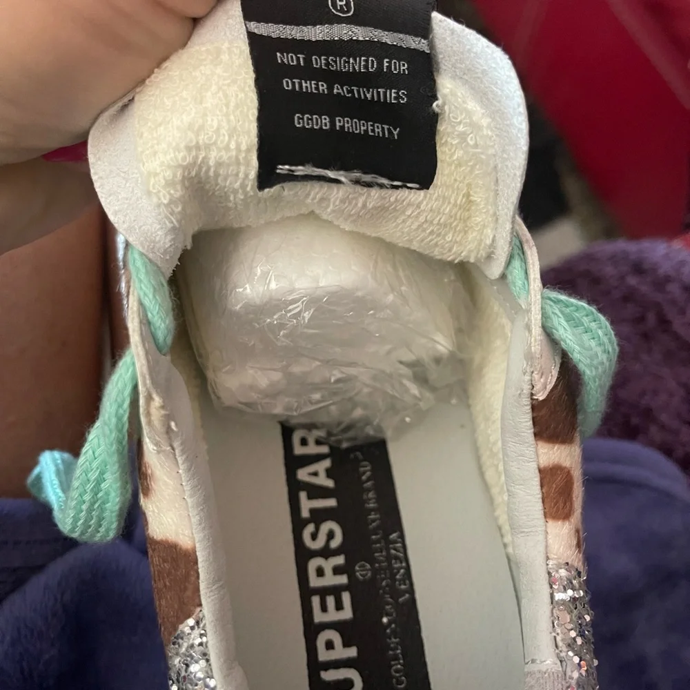 Golden Goose White Sneakers with Pink Star, Mint Laces and Silver Heel